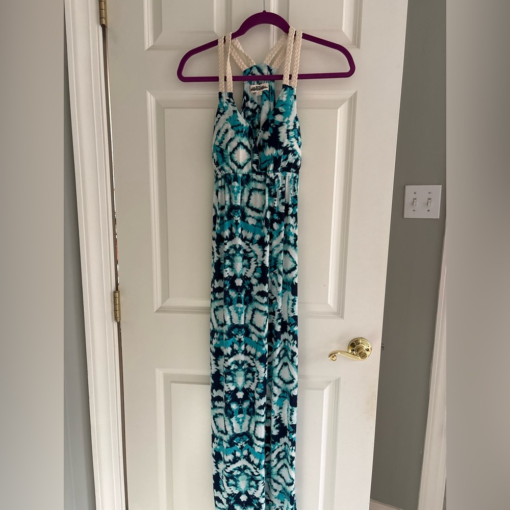 Hippie Rose Teal Navy White Tie-Dye Maxi Dress